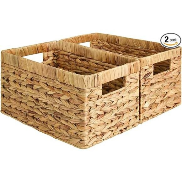 Water Hyacinth Wicker Storage Baskets Set of 2 Natural Organizer Bins - Picture 7 of 7